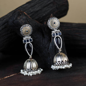 Blue - white - noor-e-jhumka classic german silver earrings
