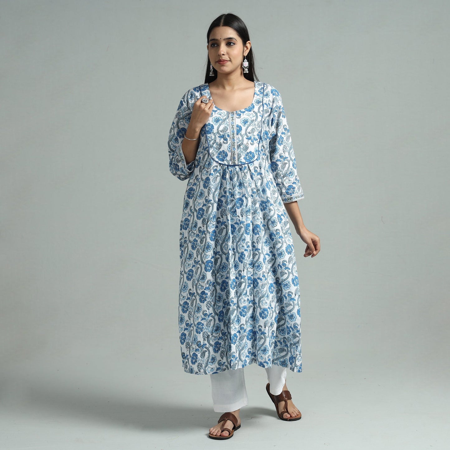 White - sanganeri block printed cotton a-line kurta