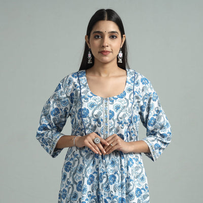 White - sanganeri block printed cotton a-line kurta