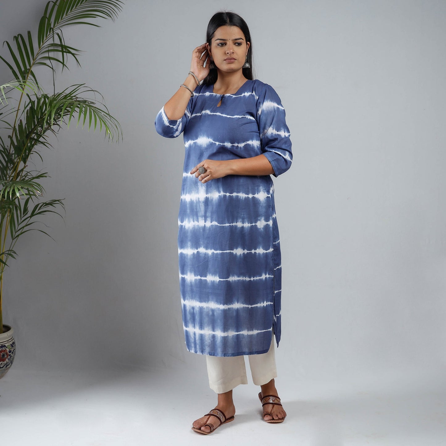 Blue & White - Shibori Tie-Dye Mul Cotton Long Kurta
