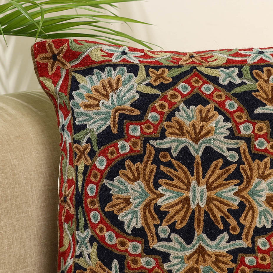 Blue Wool Thread Crewel Embroidery Cushion Cover