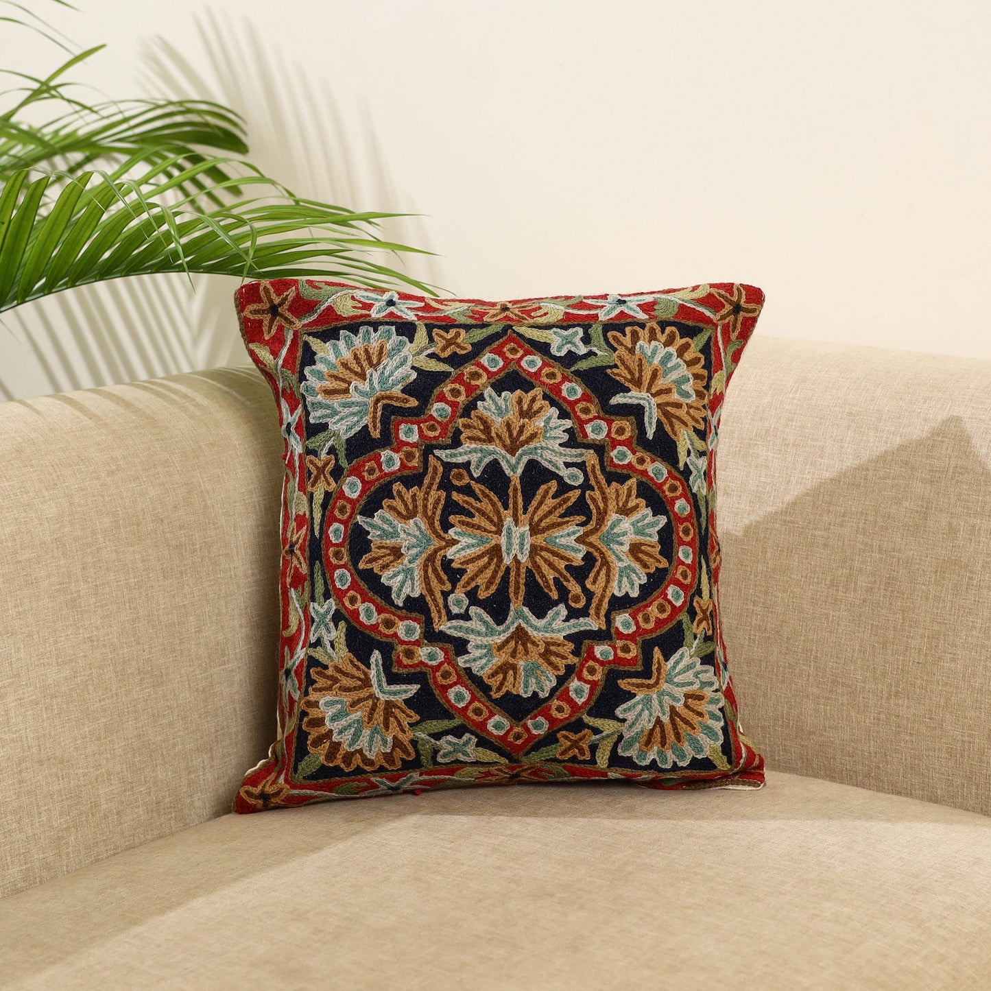 Blue Wool Thread Crewel Embroidery Cushion Cover