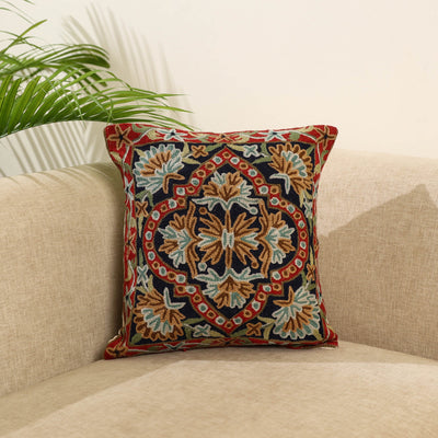 Blue Wool Thread Crewel Embroidery Cushion Cover