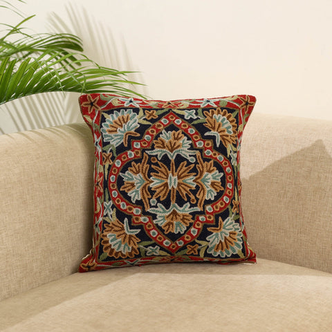 Blue Wool Thread Crewel Embroidery Cushion Cover