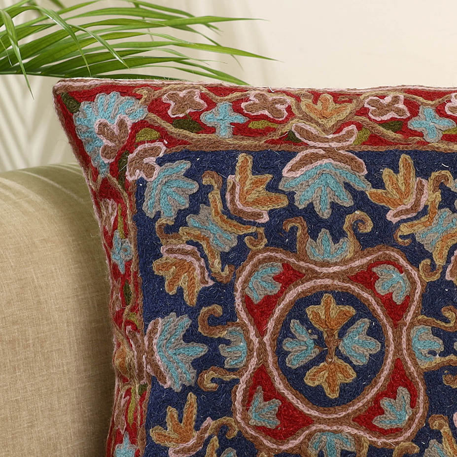 Blue Wool Thread Crewel Embroidery Cushion Cover