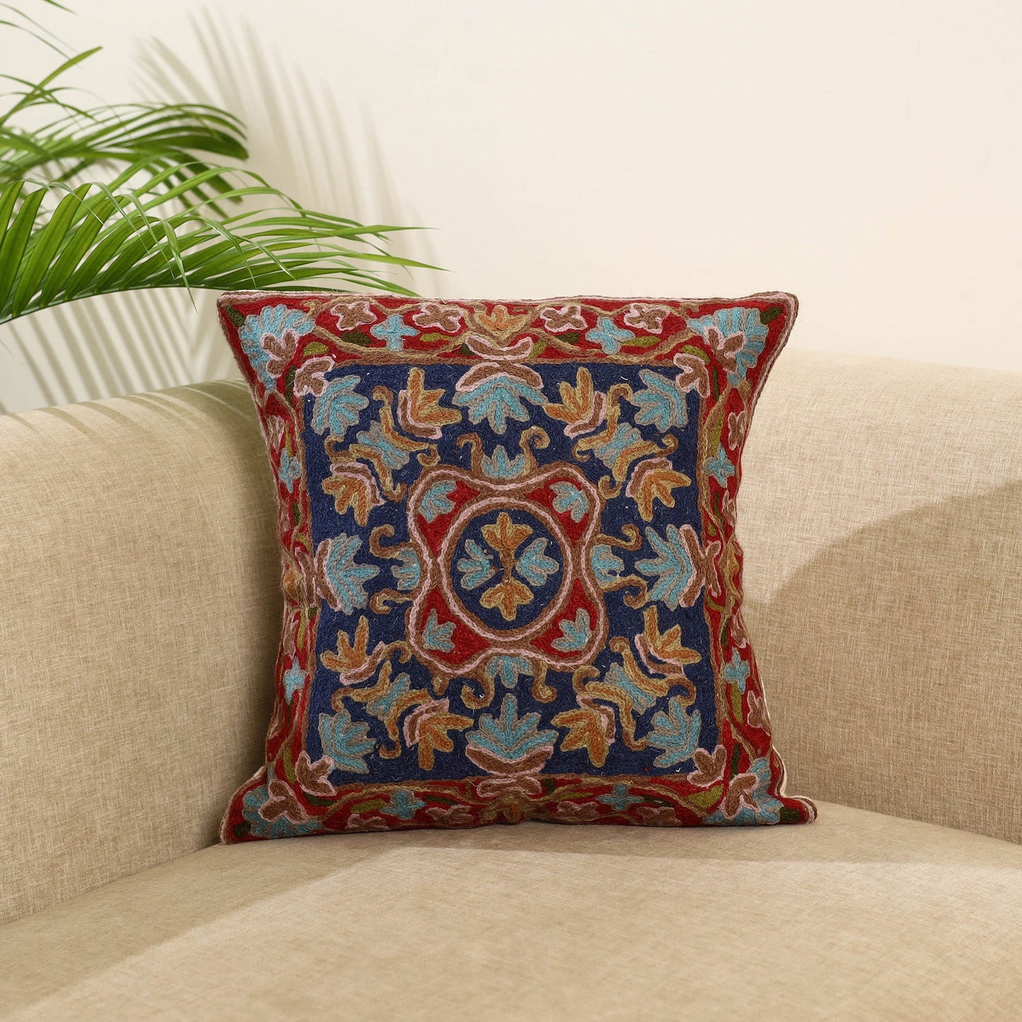 Blue Wool Thread Crewel Embroidery Cushion Cover