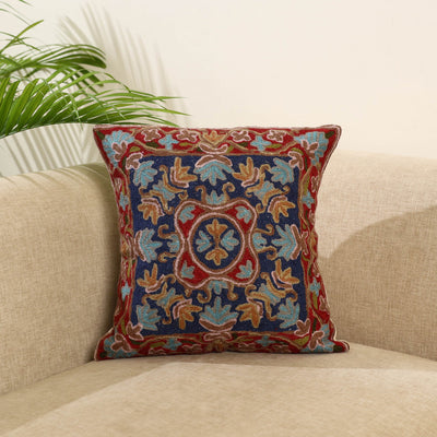 Blue Wool Thread Crewel Embroidery Cushion Cover