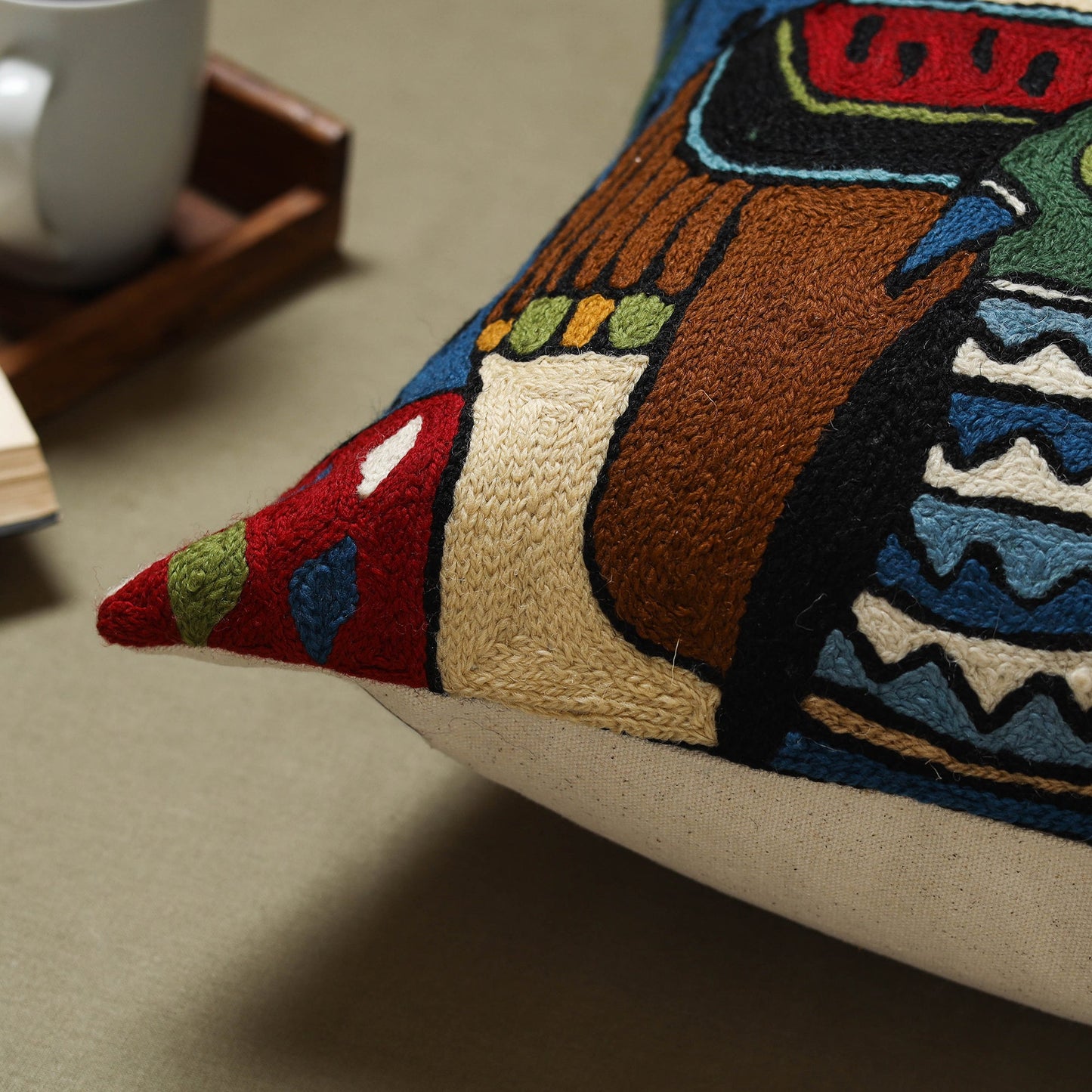 Blue - wool thread crewel hand embroidery cushion cover (16