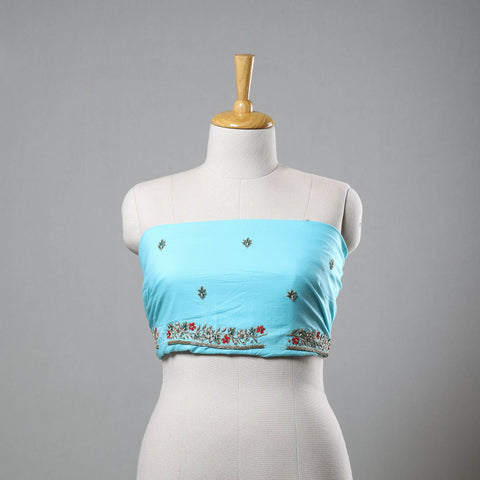 Blue - zardozi hand embroidery cotton plain blouse piece 09
