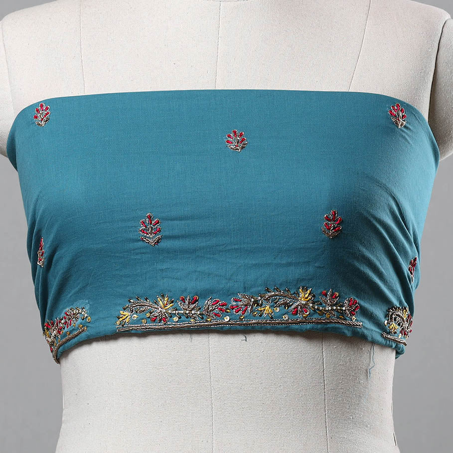Blue - zardozi hand embroidery cotton plain blouse piece 22