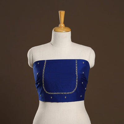 Blue - zardozi hand embroidery slub silk plain blouse piece