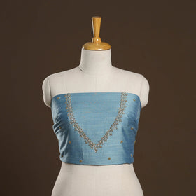 Blue - zardozi hand embroidery slub silk plain blouse piece
