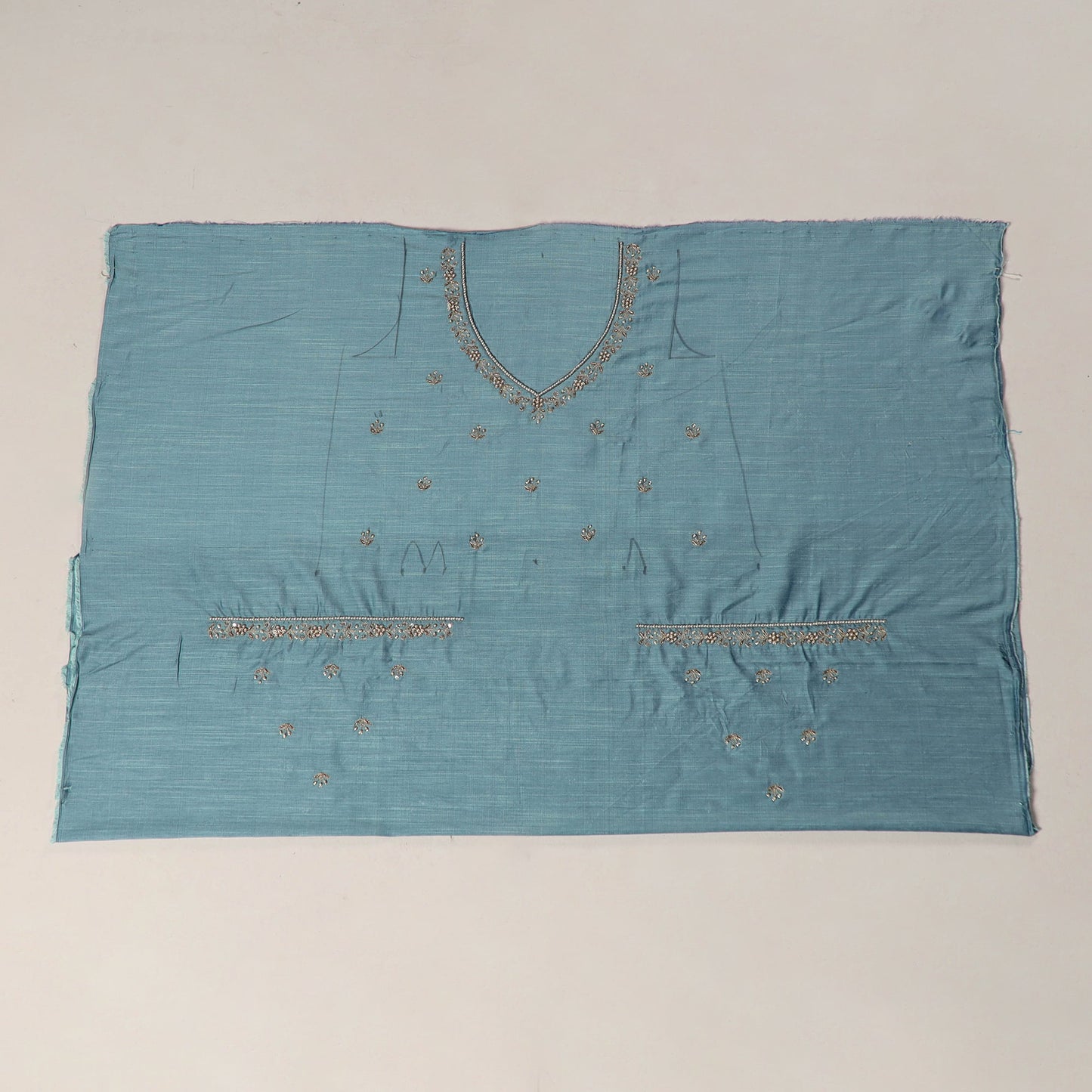 Blue - zardozi hand embroidery slub silk plain blouse piece