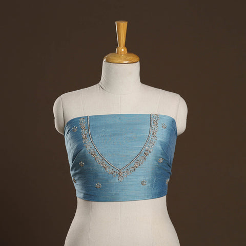 Blue - zardozi hand embroidery slub silk plain blouse piece