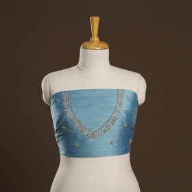 Blue - zardozi hand embroidery slub silk plain blouse piece