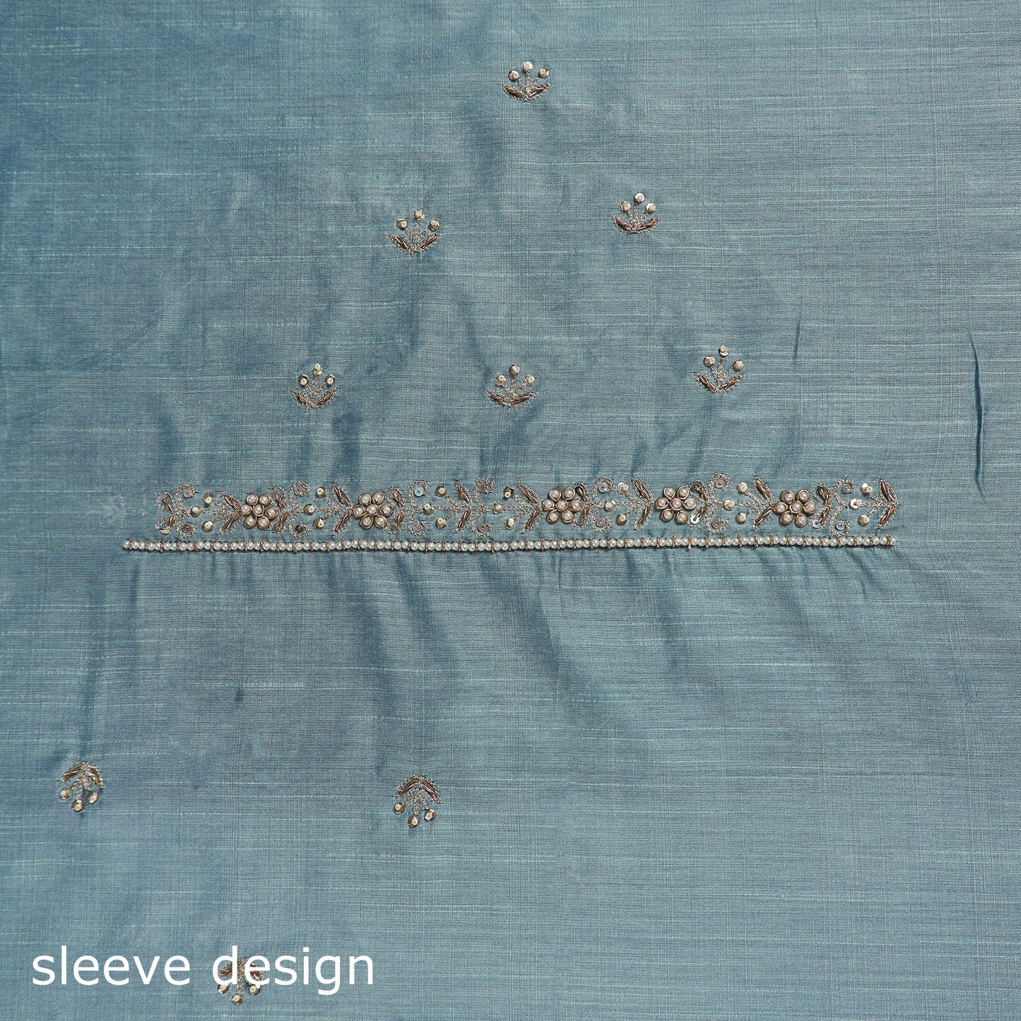 Blue - zardozi hand embroidery slub silk plain blouse piece