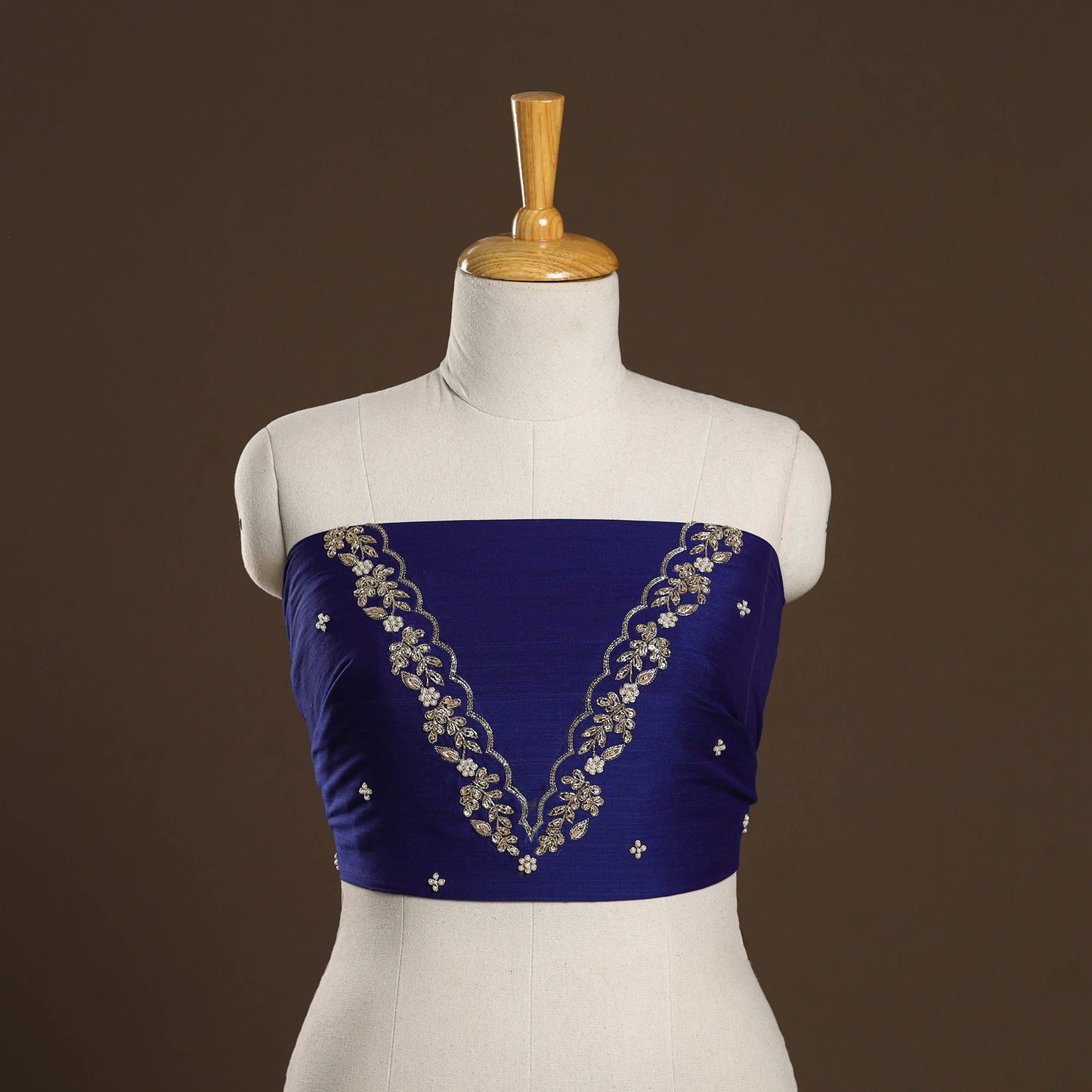 Blue - zardozi hand embroidery slub silk plain blouse piece