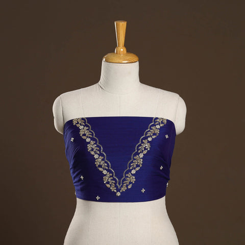 Blue - zardozi hand embroidery slub silk plain blouse piece
