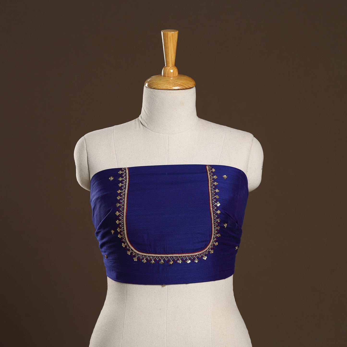 Blue - zardozi hand embroidery slub silk plain blouse piece