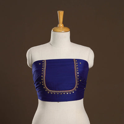Blue - zardozi hand embroidery slub silk plain blouse piece