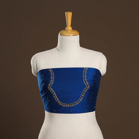 Blue - zardozi hand embroidery slub silk plain blouse piece