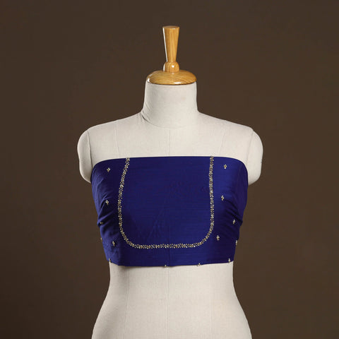 Blue - zardozi hand embroidery slub silk plain blouse piece