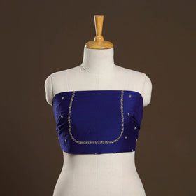 Blue - zardozi hand embroidery slub silk plain blouse piece