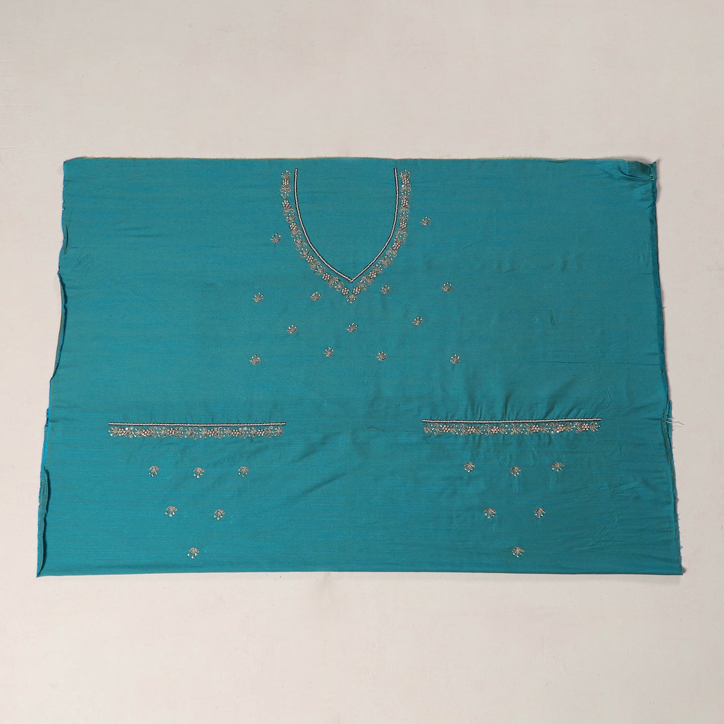 Blue - zardozi hand embroidery slub silk plain blouse piece