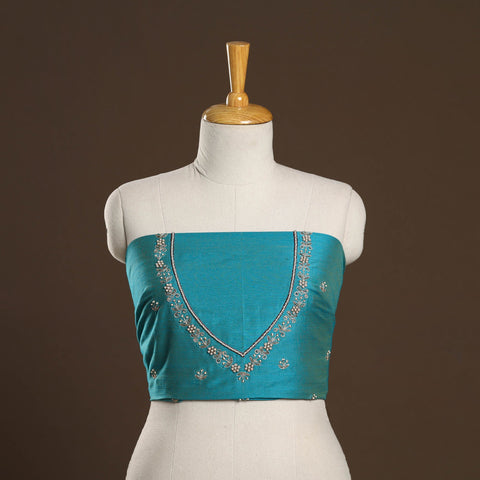 Blue - zardozi hand embroidery slub silk plain blouse piece