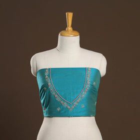 Blue - zardozi hand embroidery slub silk plain blouse piece