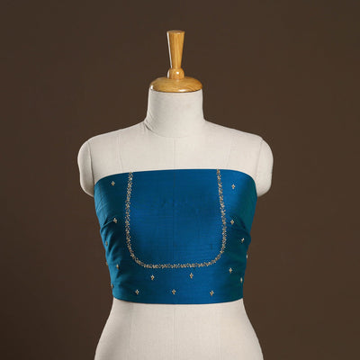 Blue - zardozi hand embroidery slub silk plain blouse piece