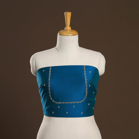 Blue - zardozi hand embroidery slub silk plain blouse piece
