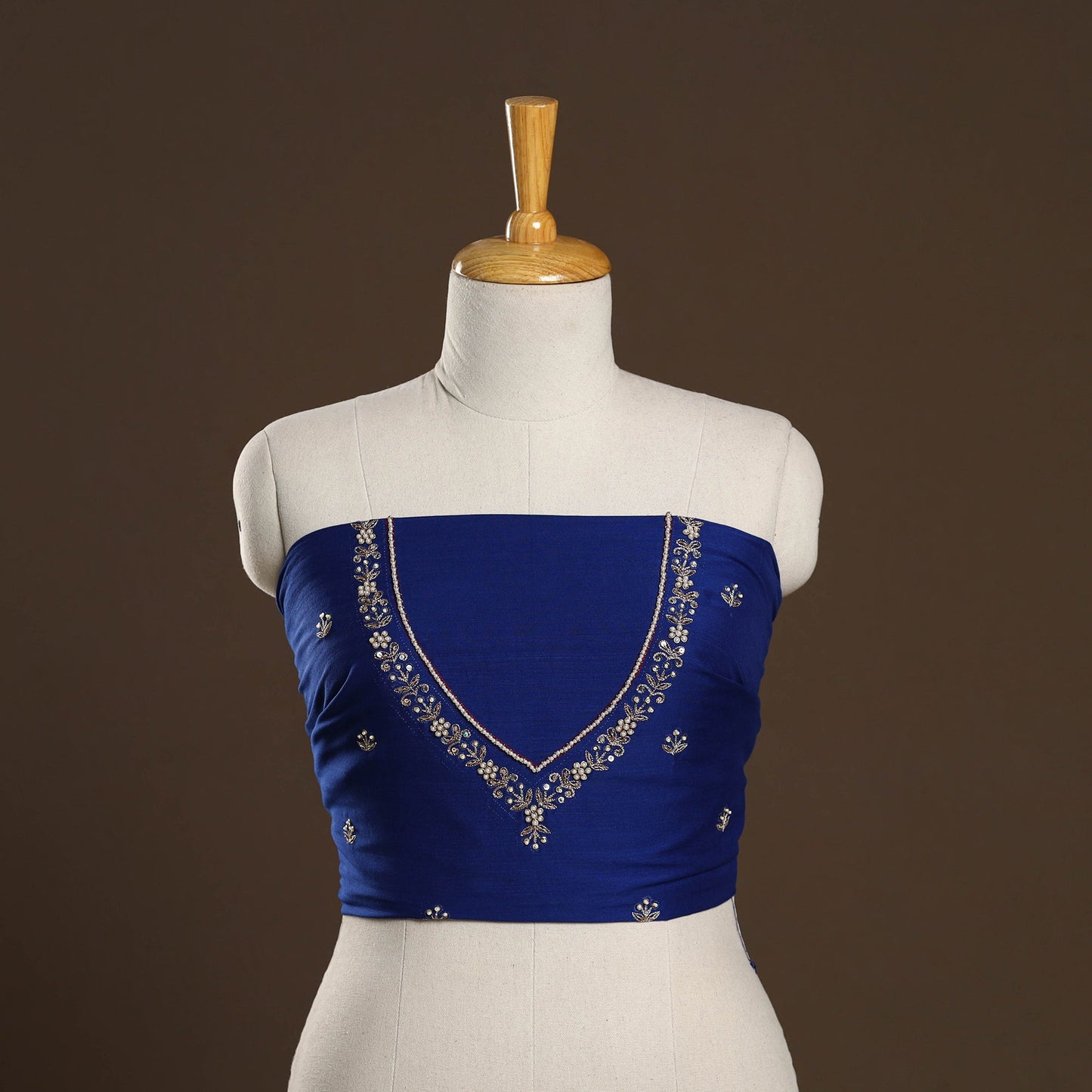 Blue - zardozi hand embroidery slub silk plain blouse piece