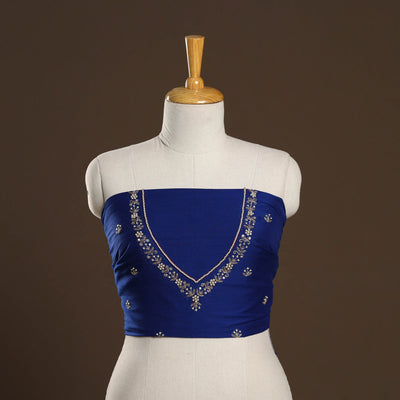 Blue - zardozi hand embroidery slub silk plain blouse piece