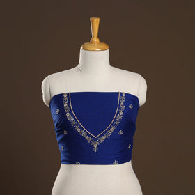 Blue - zardozi hand embroidery slub silk plain blouse piece
