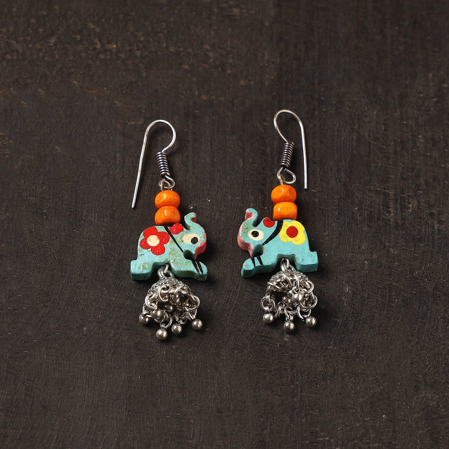 Blue - zareen german silver jhumki earrings with wooden