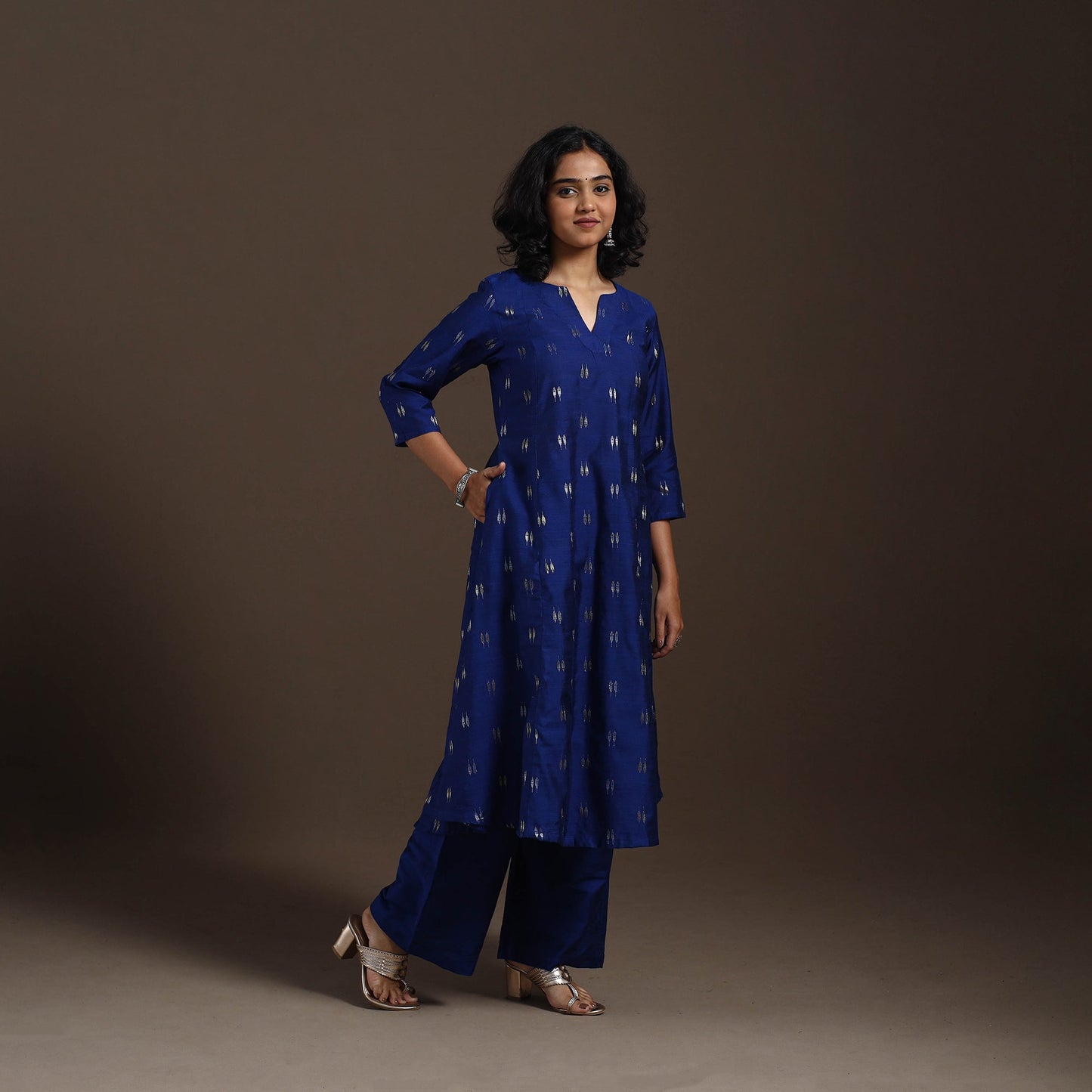 Blue Zari Buti A-Line Spun Dupion Silk Kurta Set (Set of 2)