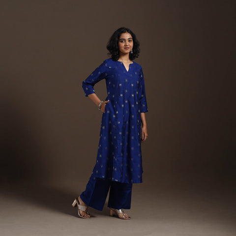 Blue Zari Buti A-Line Spun Dupion Silk Kurta Set (Set of 2)