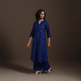 Blue Zari Buti A-Line Spun Dupion Silk Kurta Set (Set of 2)