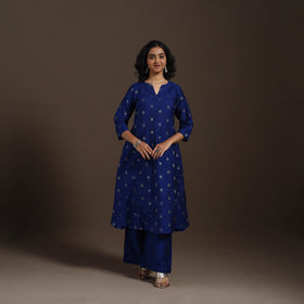 Blue Zari Buti A-Line Spun Dupion Silk Kurta Set (Set of 2)