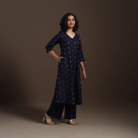 Blue Zari Buti A-Line Spun Dupion Silk Kurta Set (Set of 2)