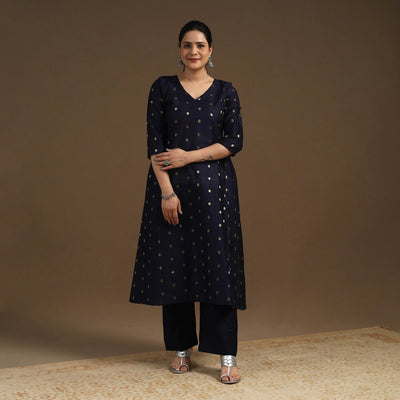 Blue Zari Buti Spun Dupion Silk Kurta Set for Women