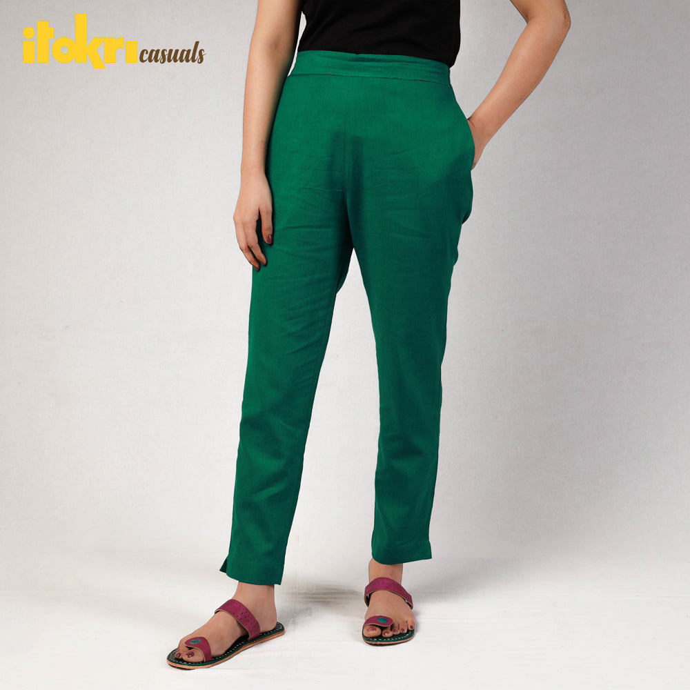 Bottle Green - Cotton Tapered Casual Pant for Women