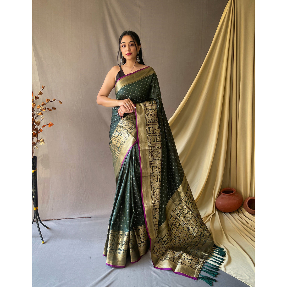 Suhasini Bottle Green Soft Silk Handwork Saree