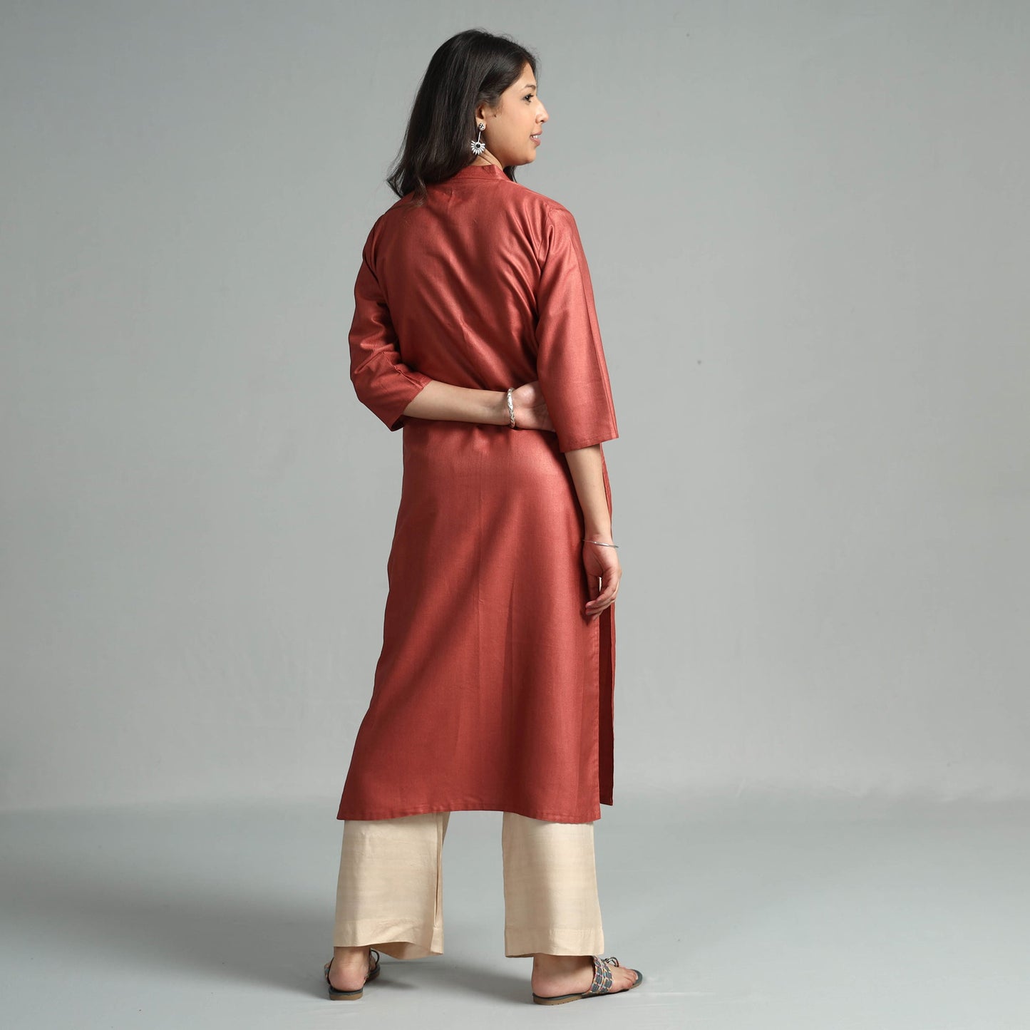 Brick red tussar silk plain kurta - handcrafted