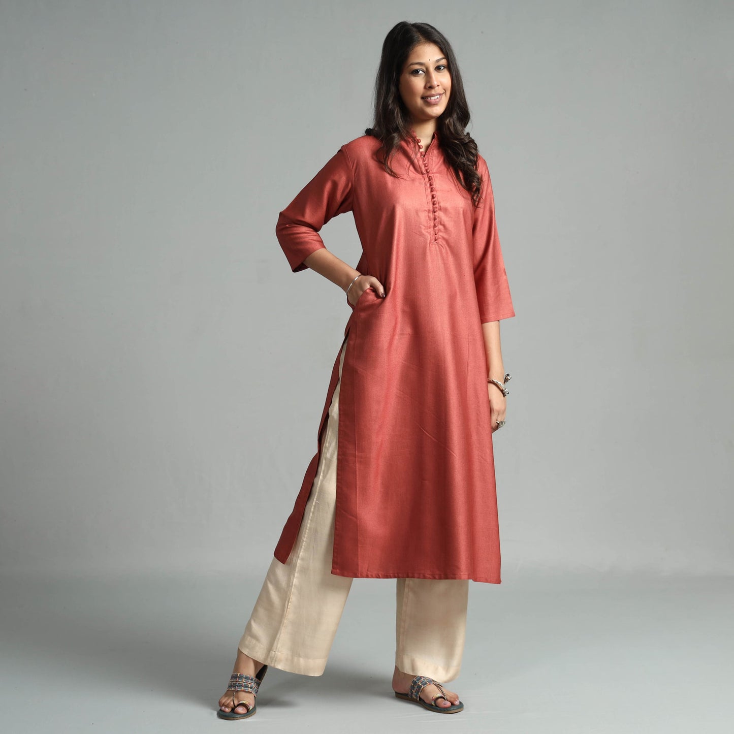 Brick red tussar silk plain kurta - handcrafted
