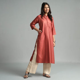 Brick red tussar silk plain kurta - handcrafted