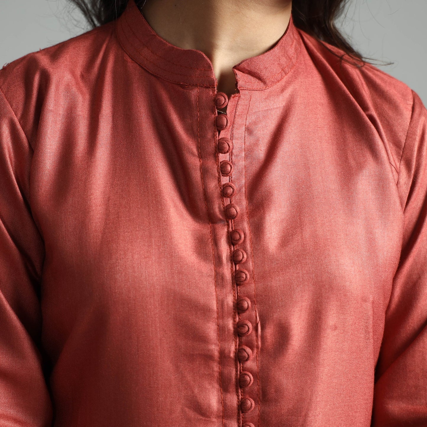 Brick red tussar silk plain kurta - handcrafted