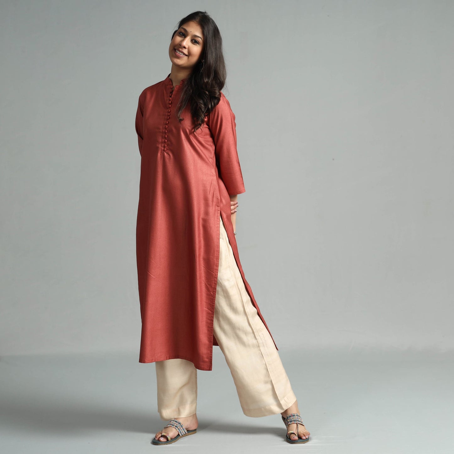 Brick red tussar silk plain kurta - handcrafted