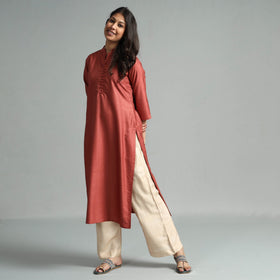 Brick red tussar silk plain kurta - handcrafted